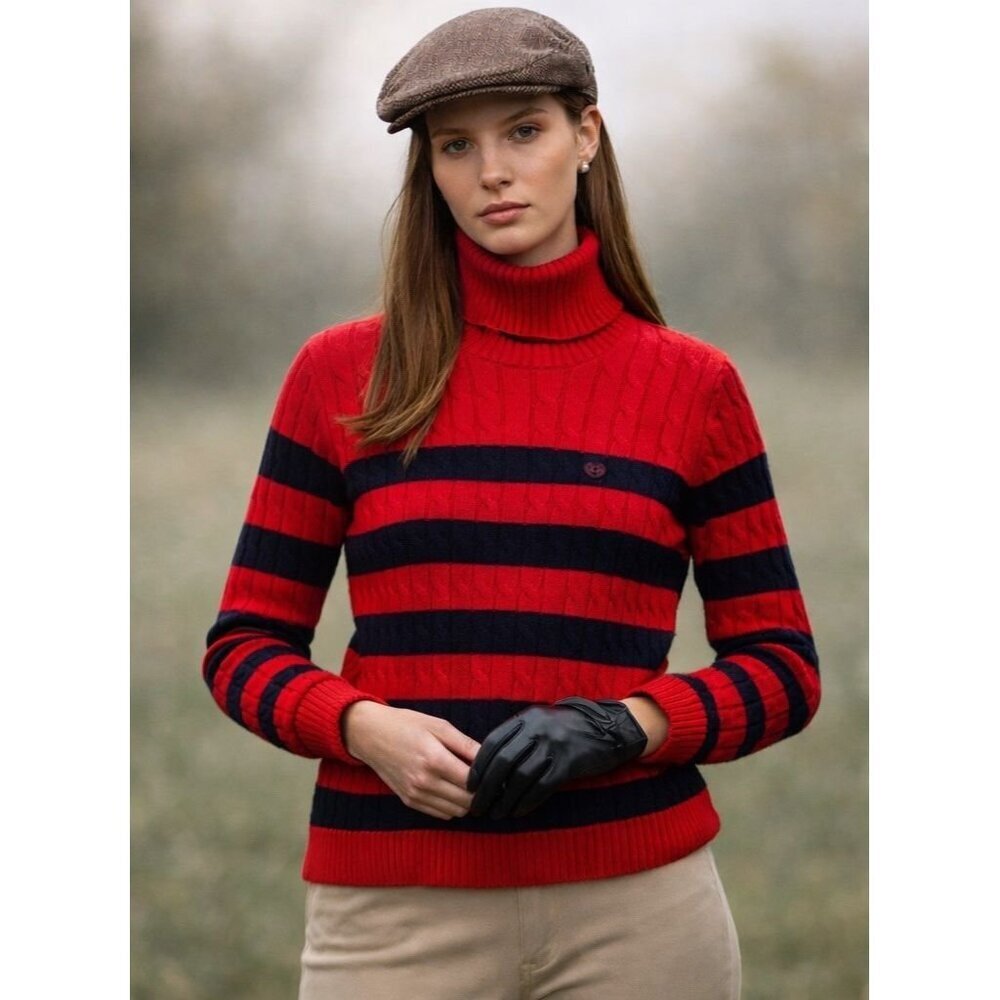 CHAPS Red Black Striped Cable Knit Chunky Turtleneck Sweater Y2k Old Money XL